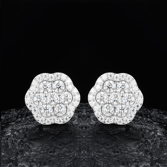 925 Silver Moissanite Flower Stud Earrings for Women and Men, Geometric Round Hip Hop Earrings product image