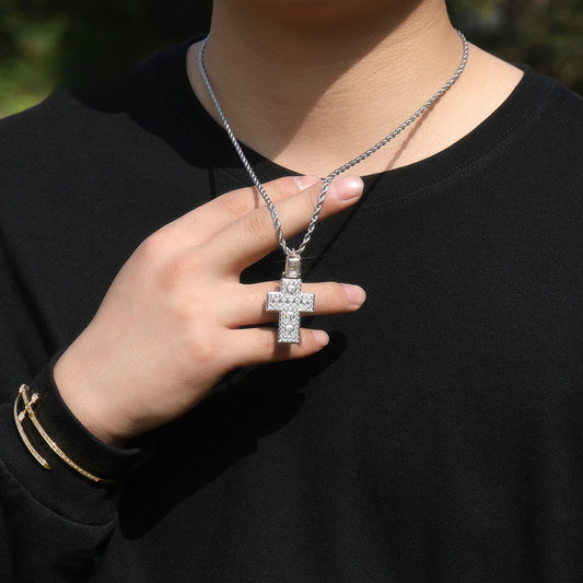 Iced Cross Pendant Necklace for Women and Men, Cubic Zirconia Copper Pendant with 24 Inch Twisted Chain, Gold Plated or Silver Plated Statement Necklace