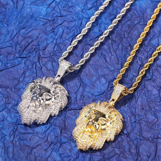 Men’s Lion Head Pendant Necklace with Cubic Zirconia Twist Chain in Gold Plated or Silver Plated