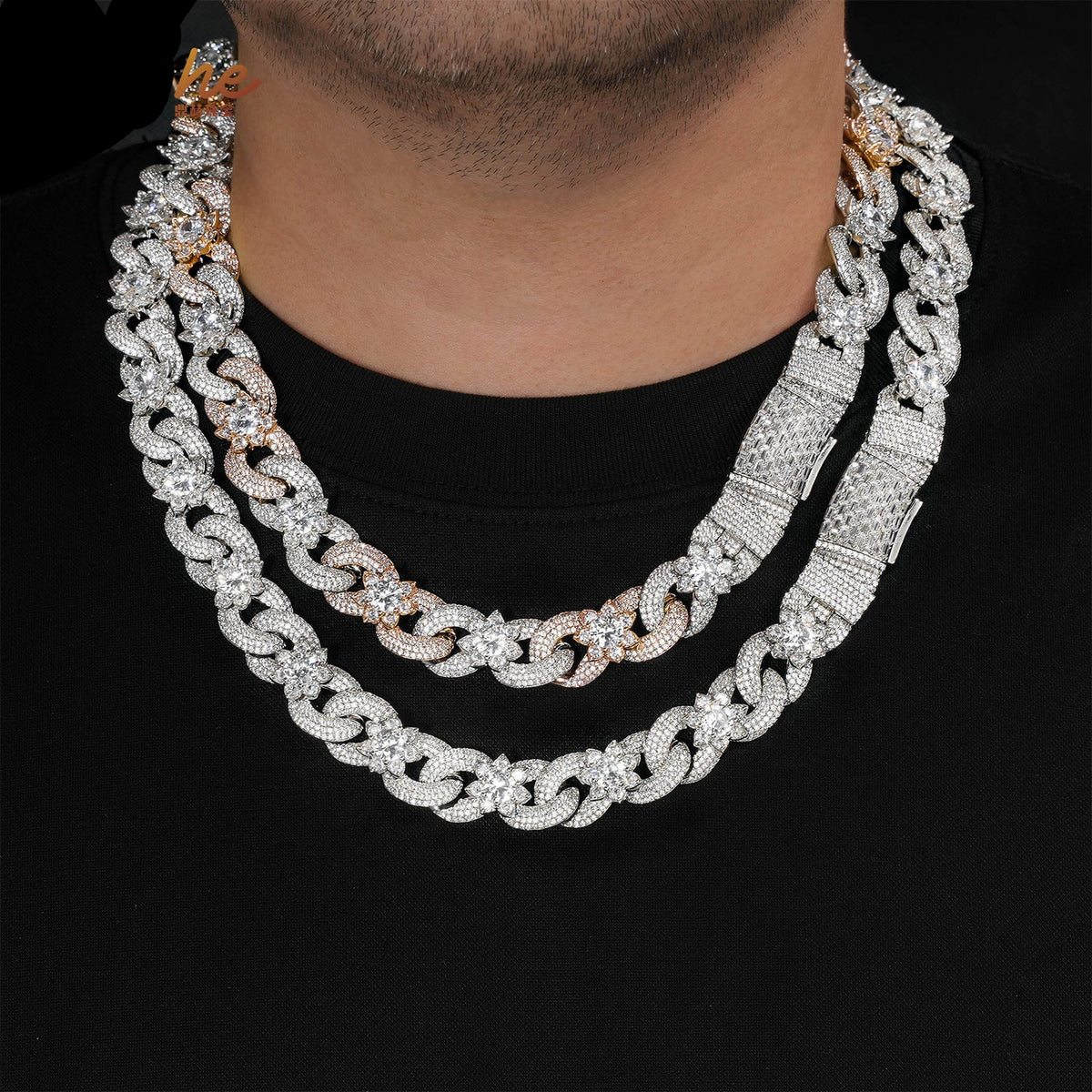 Iced Out Floral Cuban Link Chain Necklace, Two-Tone Hip Hop Style product image