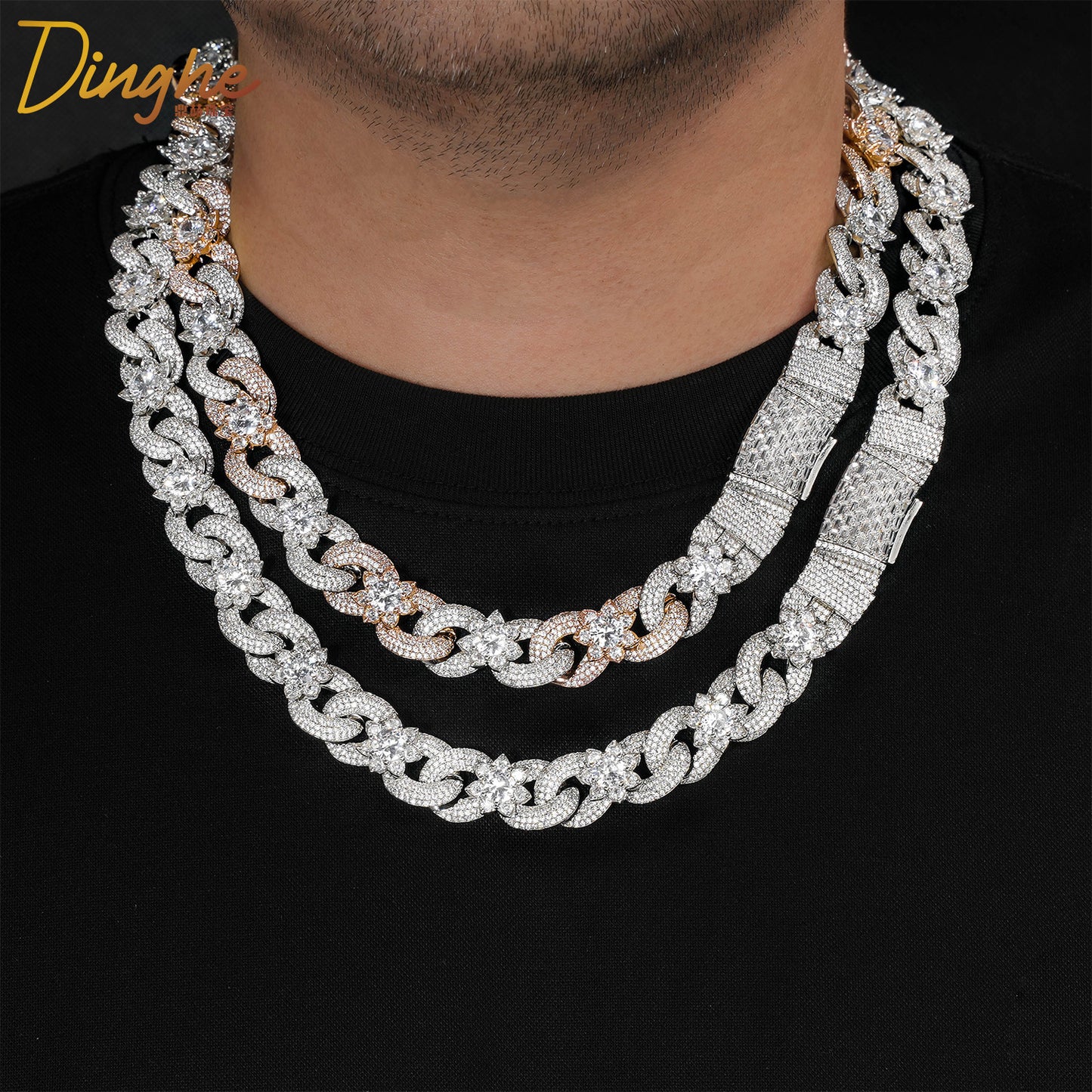 Iced Out Floral Cuban Link Chain Necklace, Two-Tone Hip Hop Style