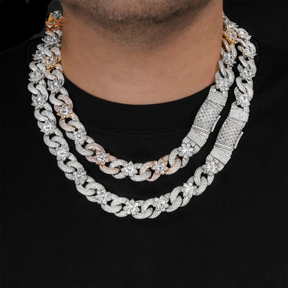 Iced Out Floral Cuban Link Chain Necklace, Two-Tone Hip Hop Style
