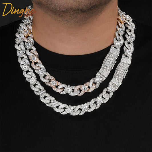 Iced Out Floral Cuban Link Chain Necklace, Two-Tone Hip Hop Style