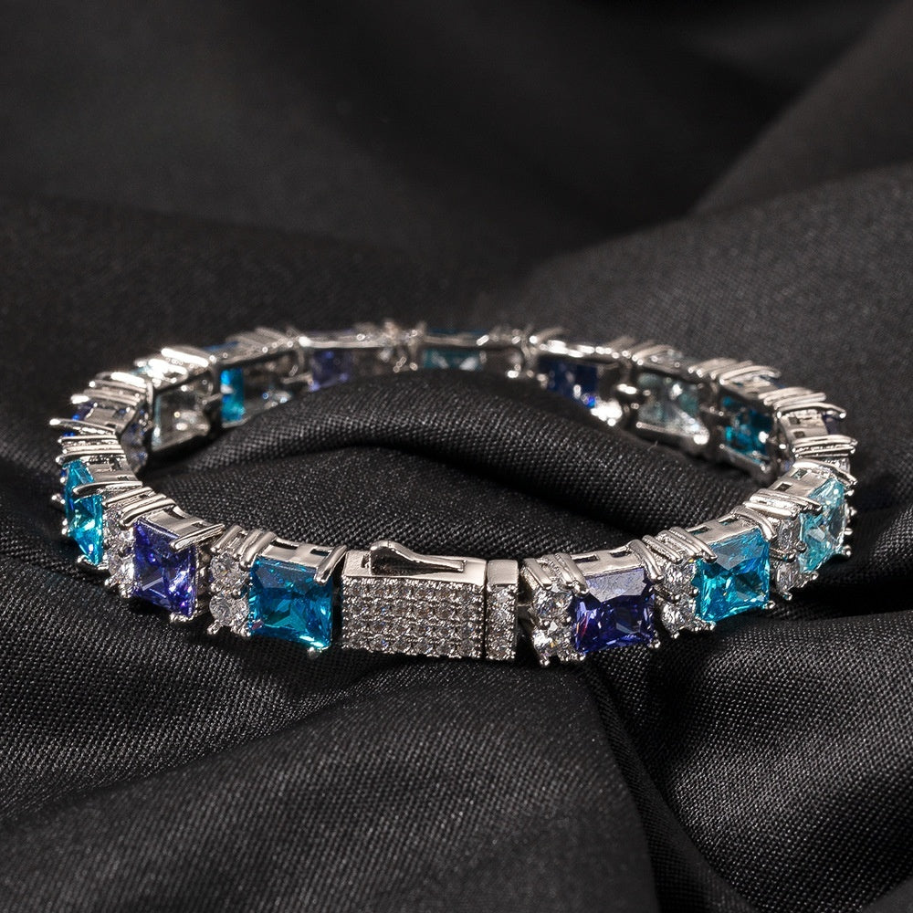 Iced Out Square Cut Crystal Chain Bracelet for Women & Men - Silver Plated Hip Hop Statement Bracelet