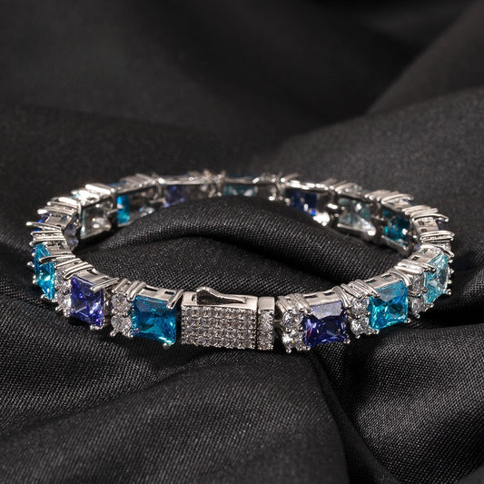 Iced Out Square Cut Crystal Chain Bracelet for Women & Men - Silver Plated Hip Hop Statement Bracelet