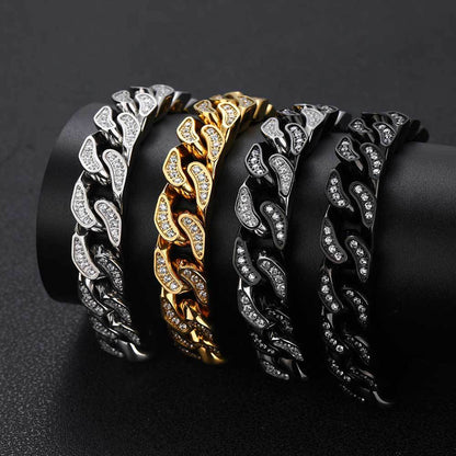 12 mm Polished Cuban with CZ Link Accents Hip Hop Bracelet with Stainless steel Base - CHA259