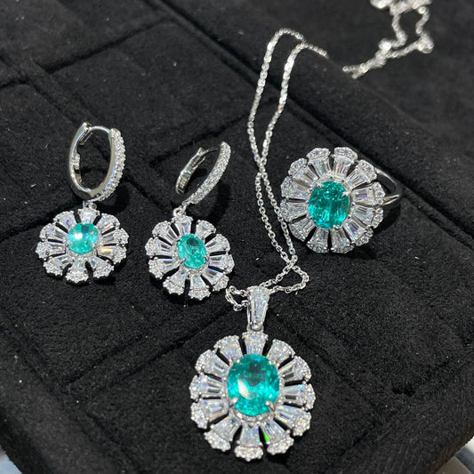 Teal Flower Jewelry Set, Matching Earrings, Ring and Pendant Necklace product image