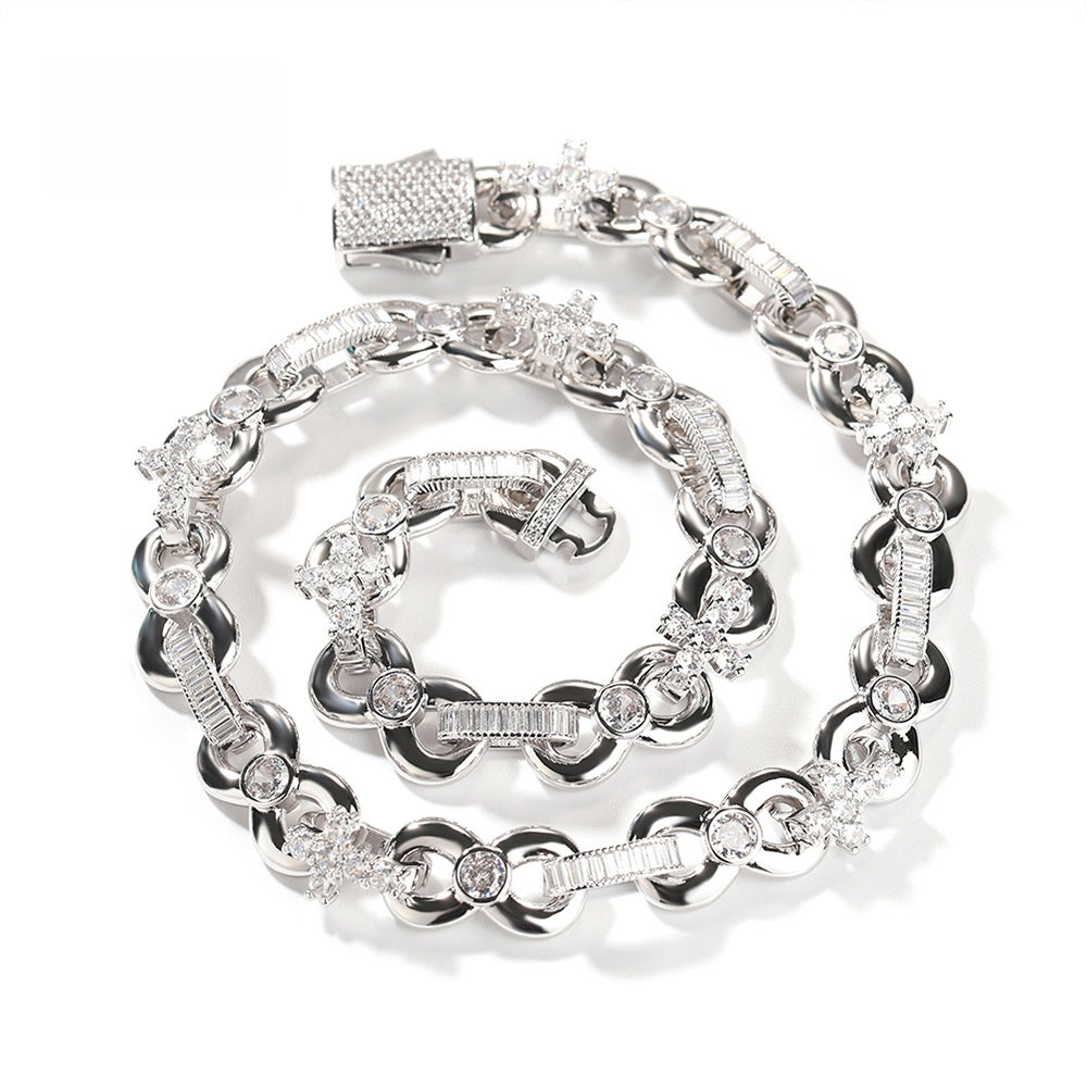 Men’s Iced Cross Chain Necklace & Bracelet Set in Gold or Silver Tone with Cubic Zirconia