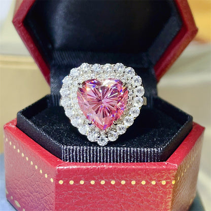 Pink Heart Moissanite Halo Ring for Women, 5 Carat Statement Engagement Ring