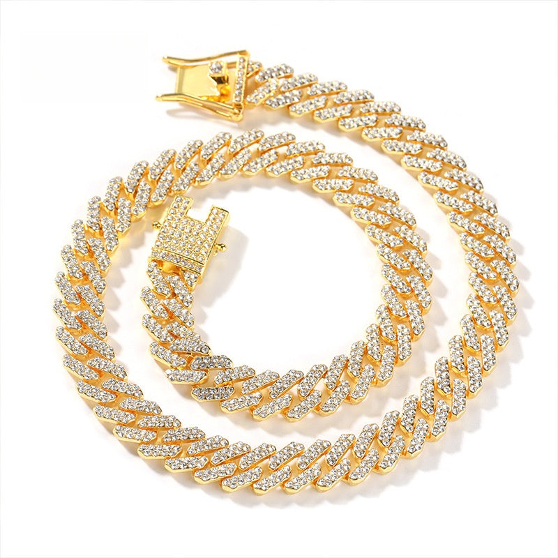 Iced Out Cuban Link Chain Necklace Bracelet Set for Women & Men, Gold or Silver Plated Statement Hip Hop Jewelry