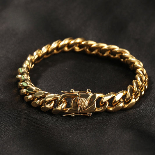 Men’s Stainless Steel Cuban Link Chain Bracelet, Gold & Silver Plated Hip Hop Statement Bracelet, 8mm 10mm 12mm 14mm