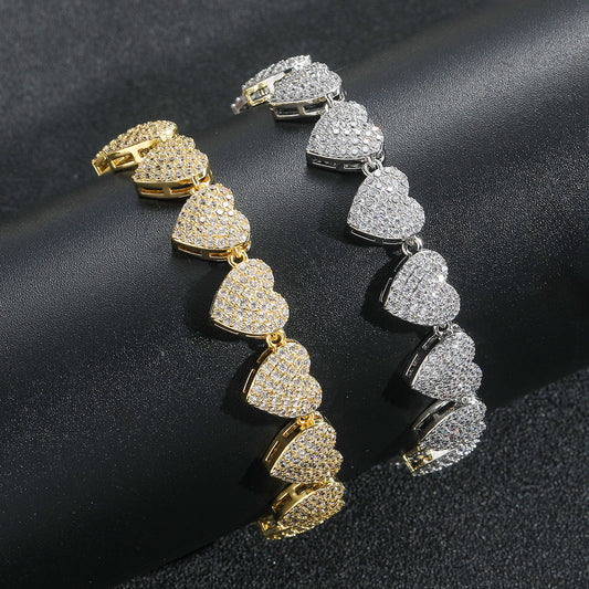 Hip Hop Heart Tennis Chain Cubic Zirconia Bracelet for Men