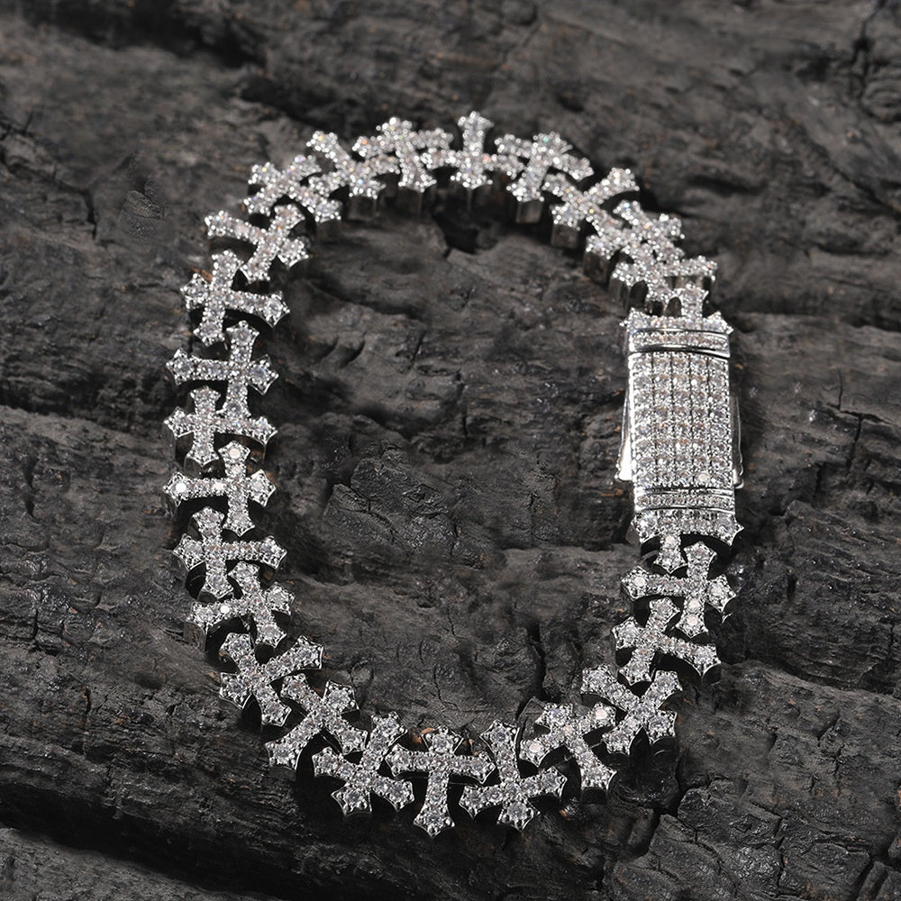 Iced Cross Chain Bracelet for Women & Men – Gold or Silver Brass Bracelet with Cubic Zirconia, Hip-Hop Statement Jewelry
