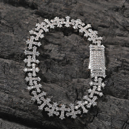 Iced Cross Chain Bracelet for Women & Men – Gold or Silver Brass Bracelet with Cubic Zirconia, Hip-Hop Statement Jewelry