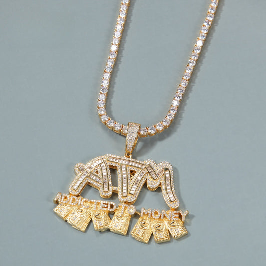 Iced Out ATM Letter Pendant Necklace for Women & Men - Gold Plated or Silver Plated Cuban Twist Chain with Cubic Zirconia Statement Charm