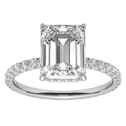 4 Carat Emerald Cut Moissanite Ring in 925 Silver, Pavé Band Promise Ring