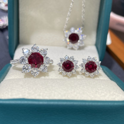 Ruby Red Crystal Floral Ring Earrings Necklace Jewelry Set