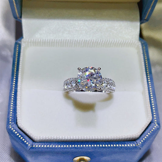 Round Cut Moissanite Ring for Women, Pavé Band Engagement Ring, 2 Carat or 3 Carat Promise Ring