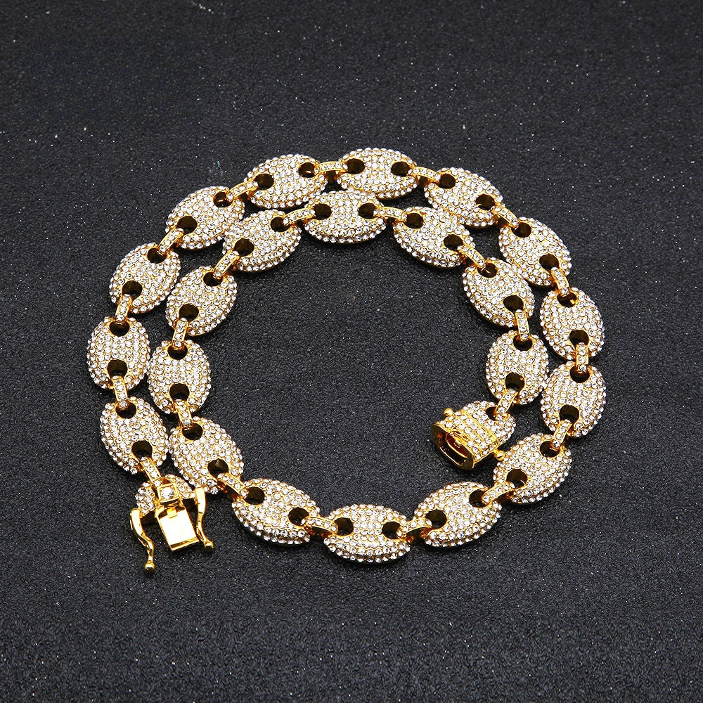 Iced Oval Link Chain Necklace Bracelet Set for Women, Gold Plated or Silver Plated Statement Hip Hop Chain Jewelry