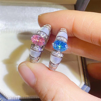 Oval Moissanite Ring for Women with Mother-of-Pearl Inlay, Pink or Blue 1 Carat Look, Pavé Accent Band