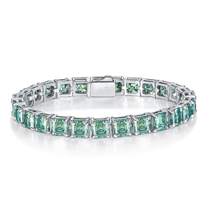 Unisex 5.5mm Blue-Green Square Moissanite Tennis Bracelet, Iced Out Hip Hop Jewelry