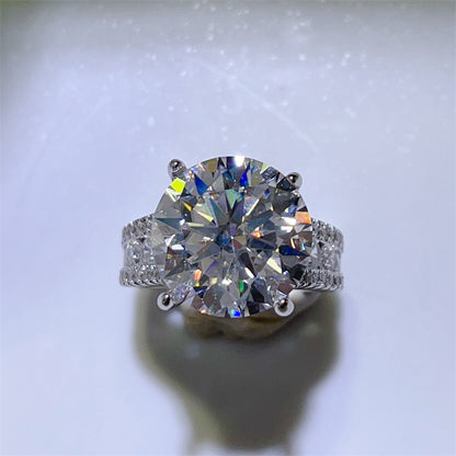 10 Carat Moissanite Ring with Triple Row Pavé Band, Round Statement Engagement Ring