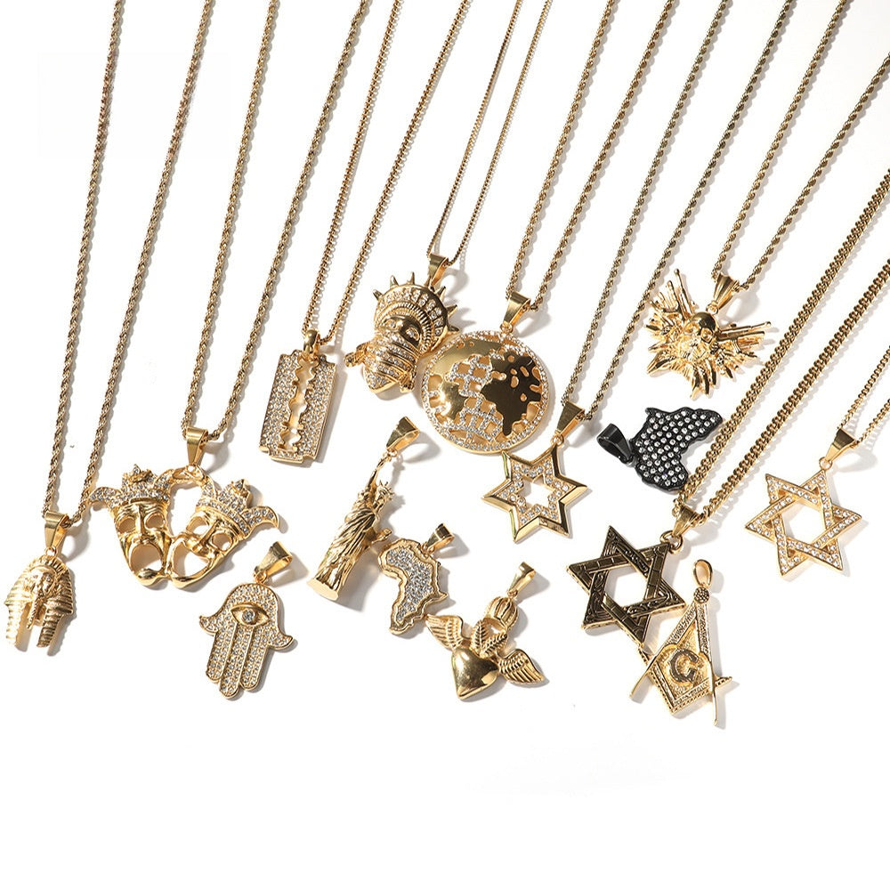 Hip Hop Stainless Steel Pendant Necklace for Men & Women – Iced Star, Map, Statue & Skull Chain Necklace Collection