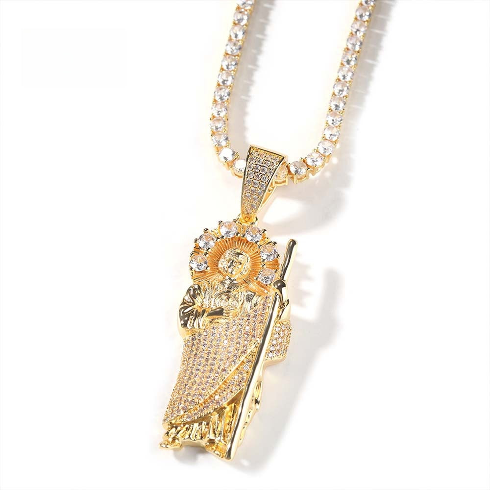 Hip Hop Figure Pendant Necklace with Cubic Zirconia Iced Twist Chain in Gold or Silver Tone product image
