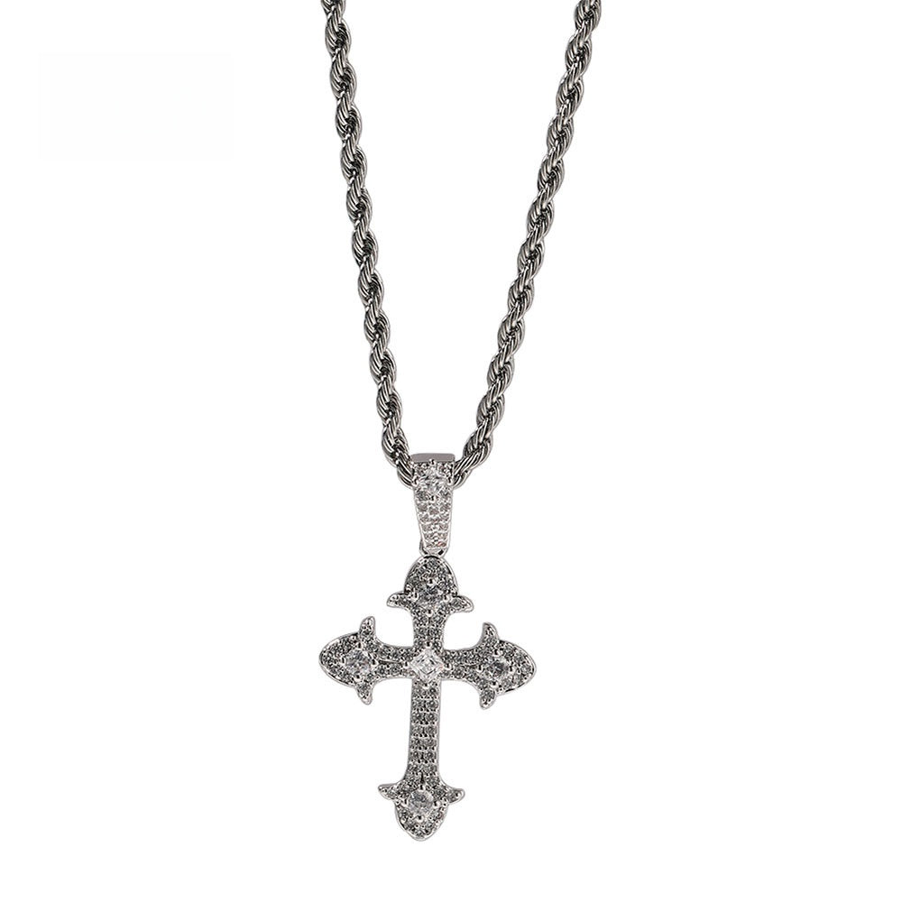 Men’s Silver-Tone Cross Pendant Necklace with Cubic Zirconia Twisted Chain
