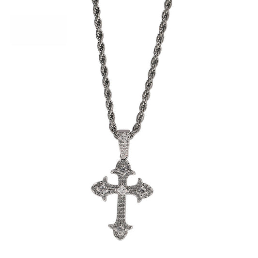 Men’s Silver-Tone Cross Pendant Necklace with Cubic Zirconia Twisted Chain
