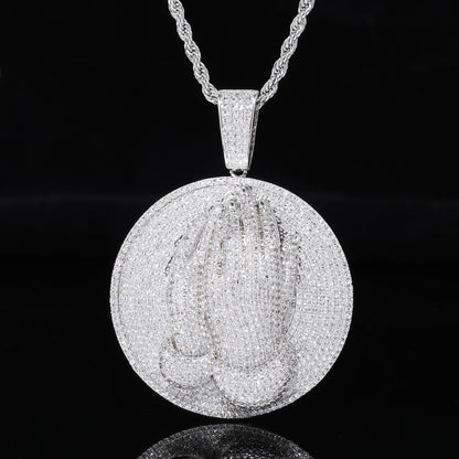 Men's Praying Hands Pendant Necklace, Iced Out CZ Round Medallion Chain