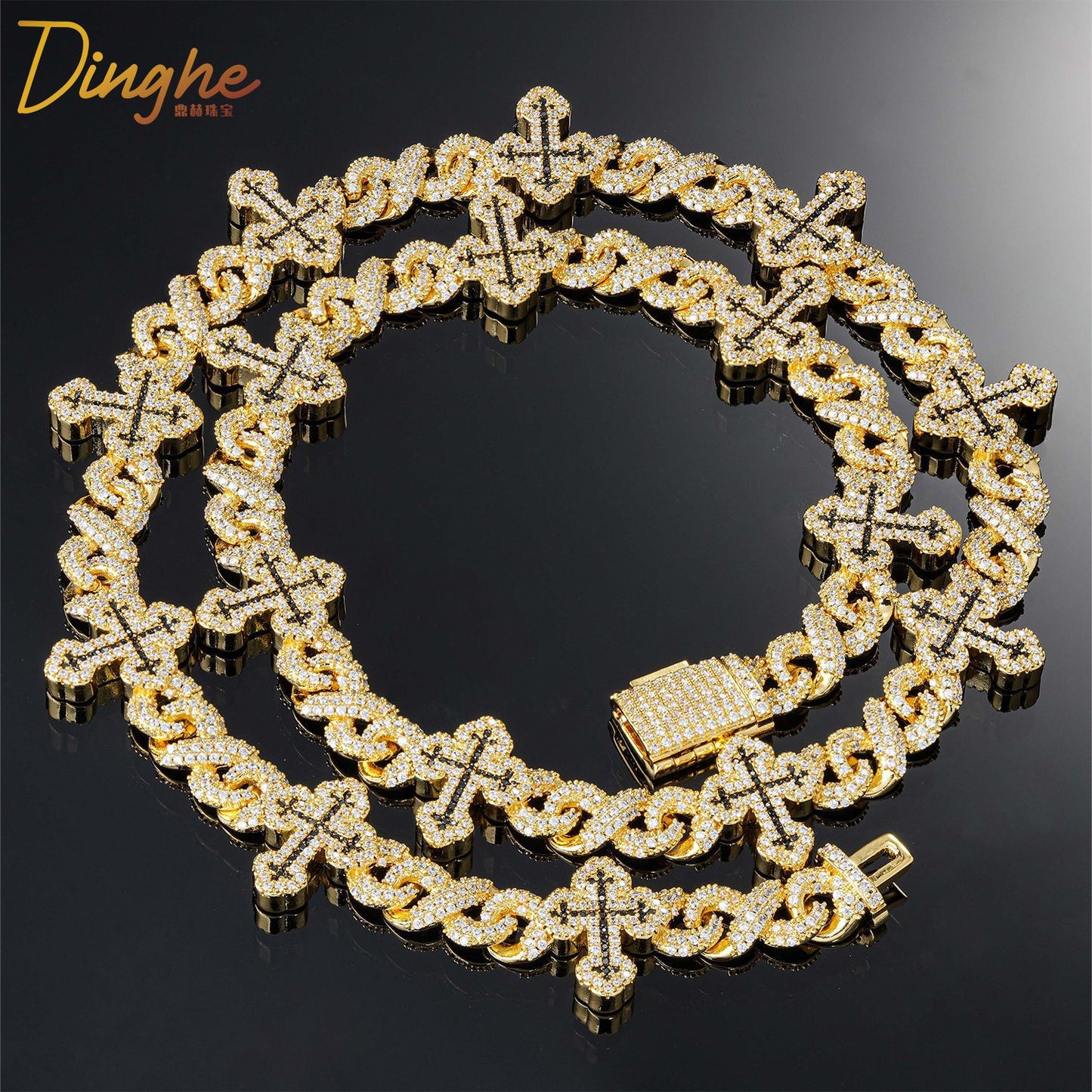 Iced Out Cross Cuban Link Chain Necklace & Bracelet, Zircon Hip Hop Jewelry