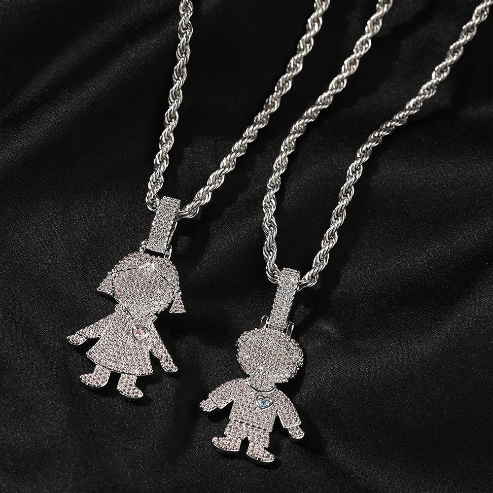 Iced Cartoon Boy & Girl Pendant Necklace with Cubic Zirconia Twisted Chain