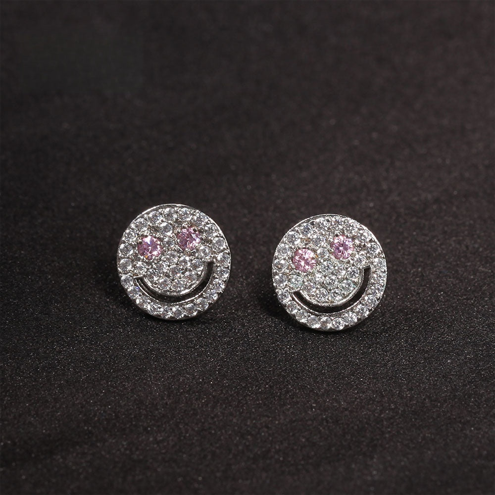 Sparkly Smiley Face Stud Earrings for Women - Crystal Copper Earrings in Silver or Gold Finish product image