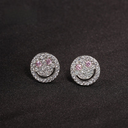 Sparkly Smiley Face Stud Earrings for Women - Crystal Copper Earrings in Silver or Gold Finish