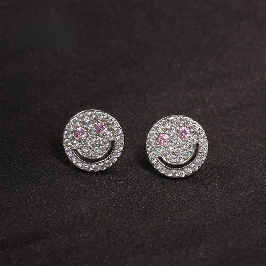 Sparkly Smiley Face Stud Earrings for Women - Crystal Copper Earrings in Silver or Gold Finish