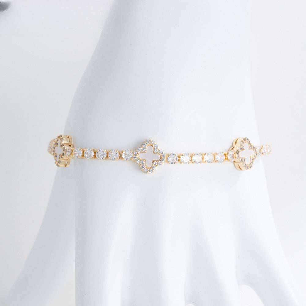 Elegant Gold Plated Flower Petal Tennis Bracelet for Women with Crystal Clover Charm
