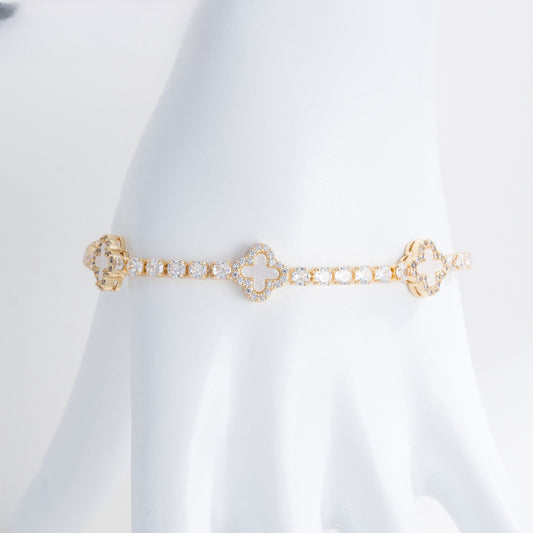 Elegant Gold Plated Flower Petal Tennis Bracelet for Women with Crystal Clover Charm