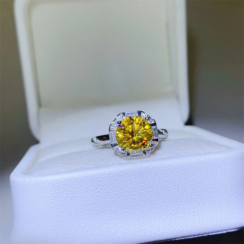 Yellow Moissanite Halo Ring for Women, Round Cut Geometric Engagement Ring, 1 Carat or 2 Carat product image
