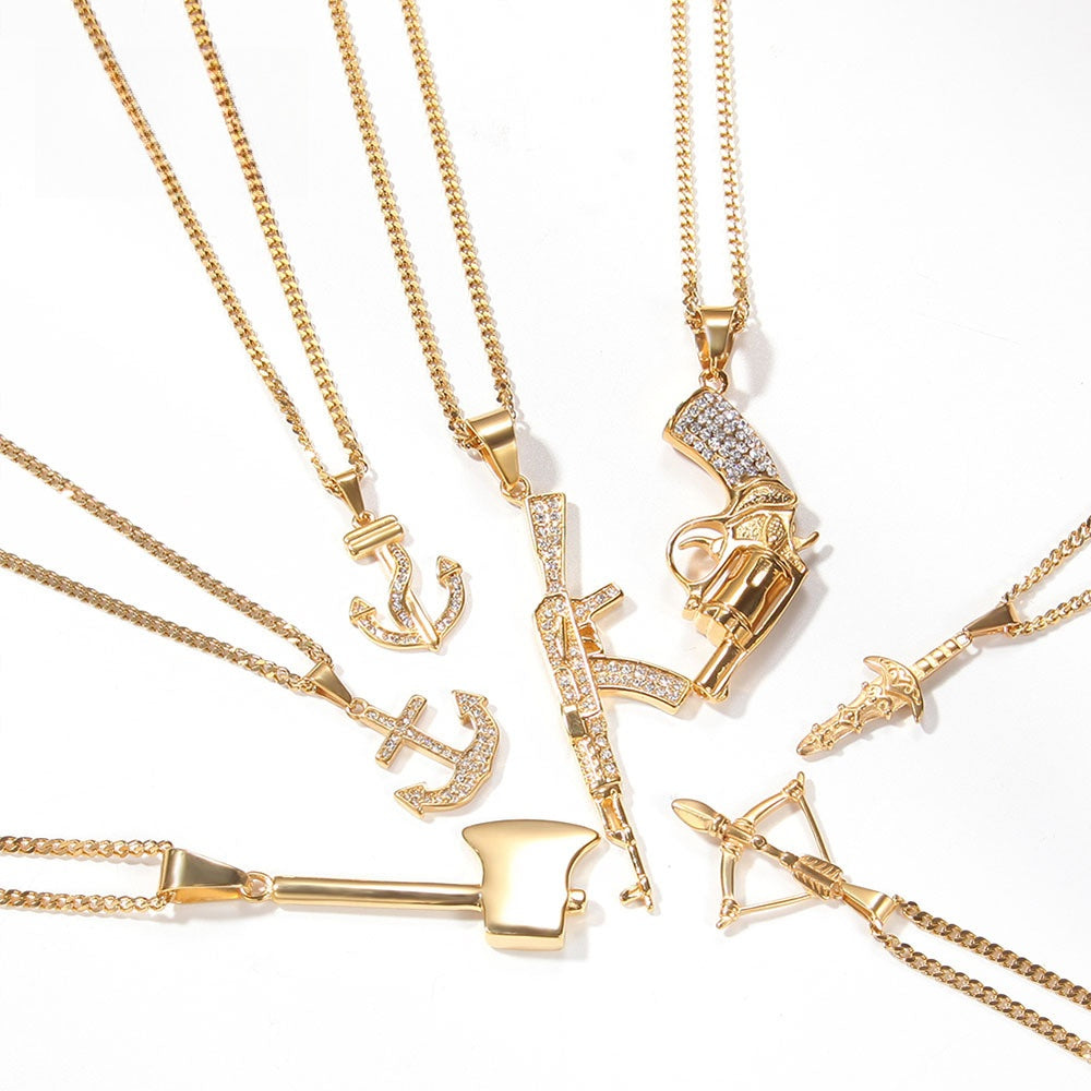 Gold Plated Stainless Steel Statement Pendant Necklace with Cuban Chain - Dagger, Machine Gun, Bow and Arrow, Anchor, Axe Charm Necklace