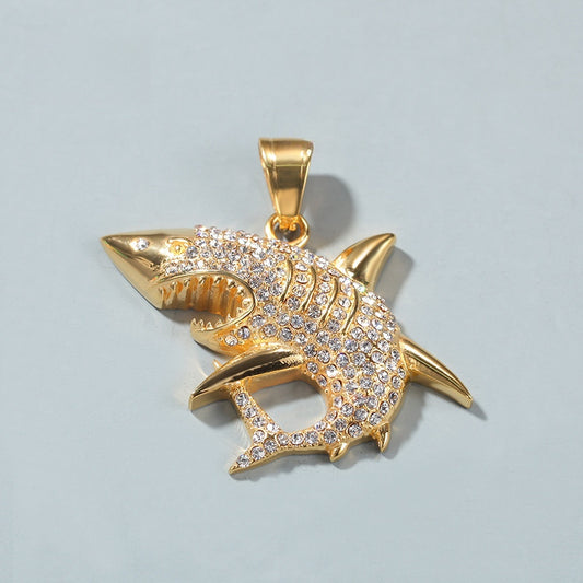 Iced Shark Pendant Necklace for Women and Men - Gold Tone Stainless Steel Cubic Zirconia Hip Hop Statement Chain
