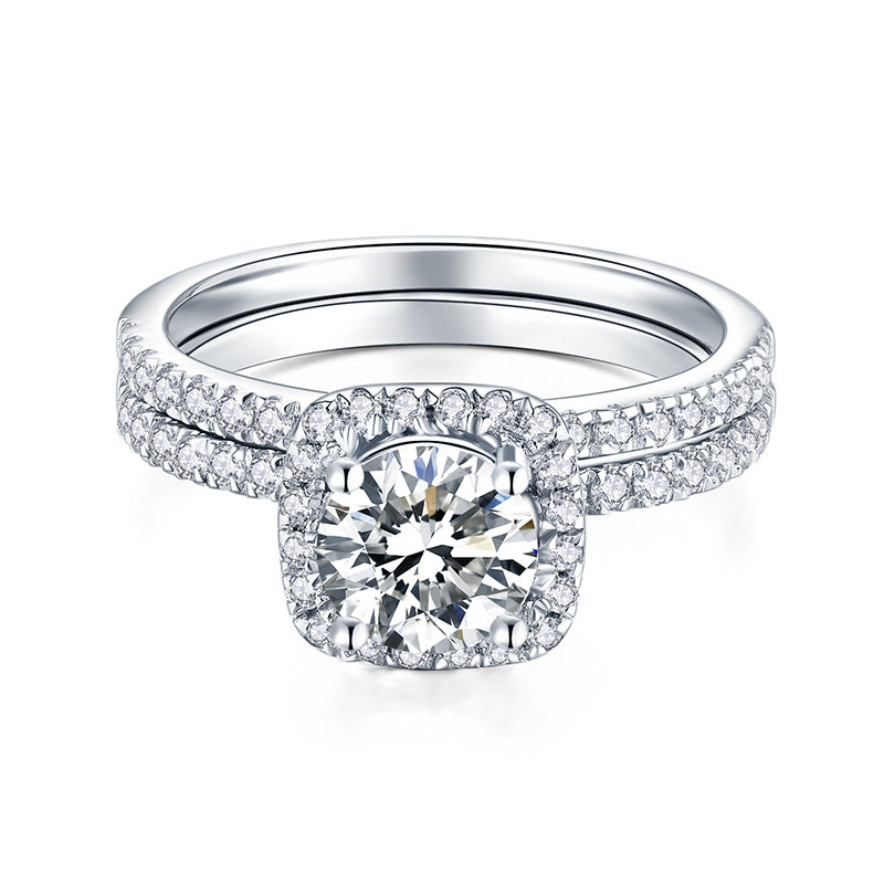925 Silver 18K Gold Plated Moissanite Halo Ring, Double-Layer Square Cushion Ring product image