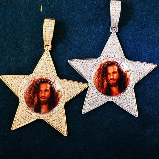 Unisex Iced Star Photo Pendant Necklace