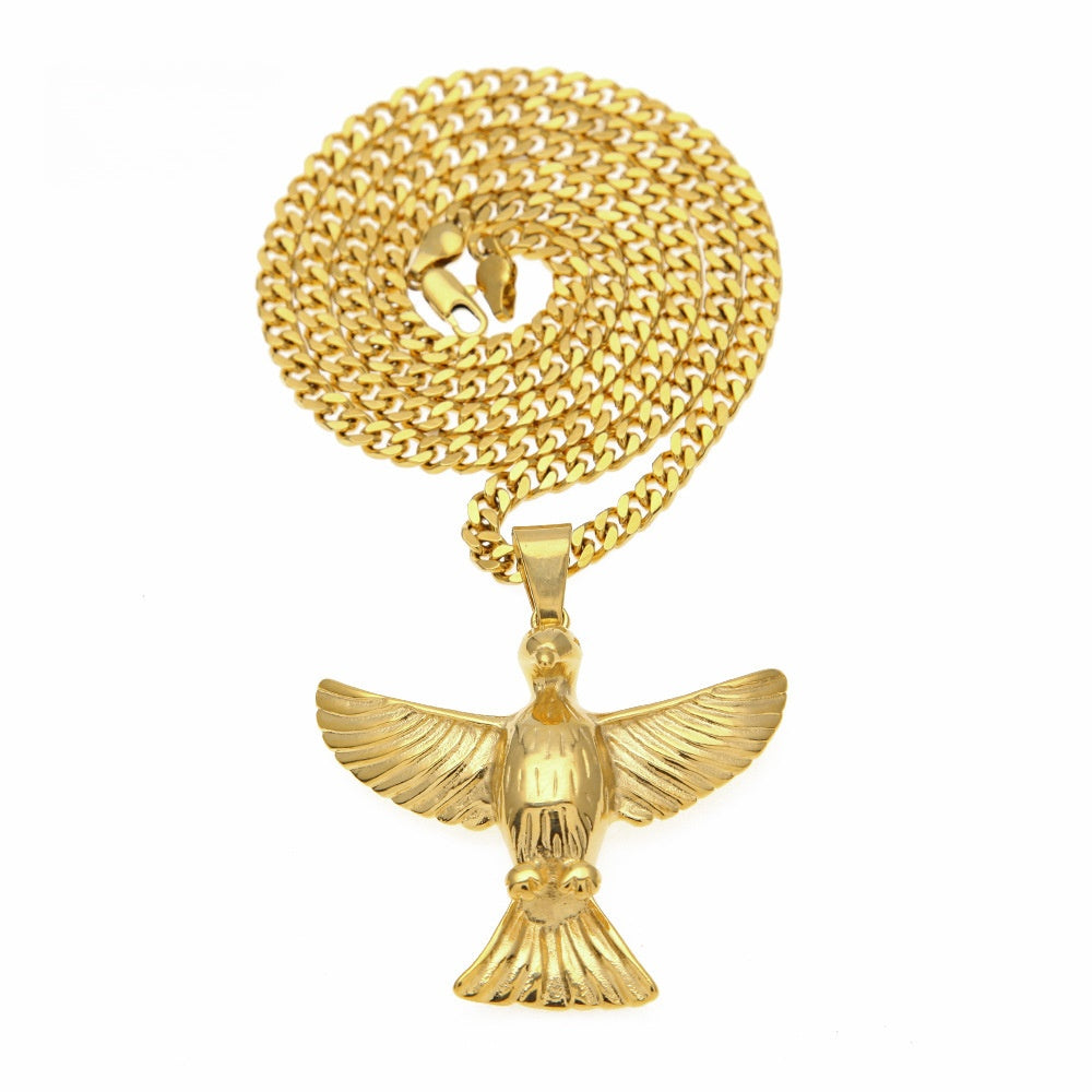 Unisex Stainless Steel Bird Pendant Necklace with 5mm Cuban Chain - Gold Plated or Silver Plated Statement Chain