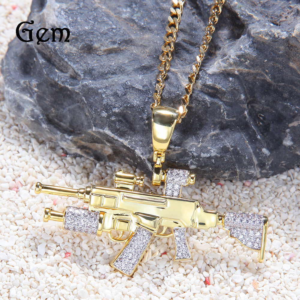Gold Plated Hip Hop Rifle Pendant Necklace with Cubic Zirconia Iced Charm on 24 Inch Stainless Steel Twist or Cuban Chain