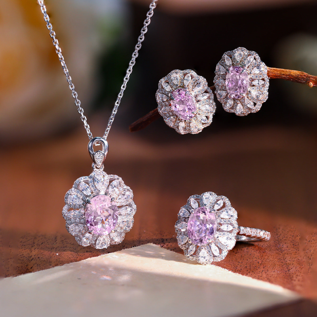 Pink Oval Halo Jewelry Set for Women, Ring, Pendant Necklace and Earrings, 18K Gold Plated S925 product image