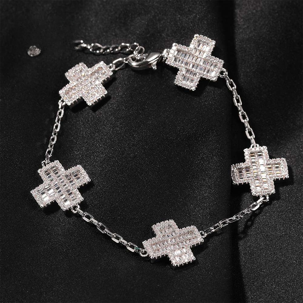 Iced Cross Chain Bracelet for Women & Men – Gold Plated or Silver Plated Cubic Zirconia Statement Bracelet, 7 Inch / 8 Inch