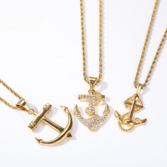 Unisex Stainless Steel Anchor Pendant Necklace with Cuban Chain, Gold Plated Hip Hop Statement Chain