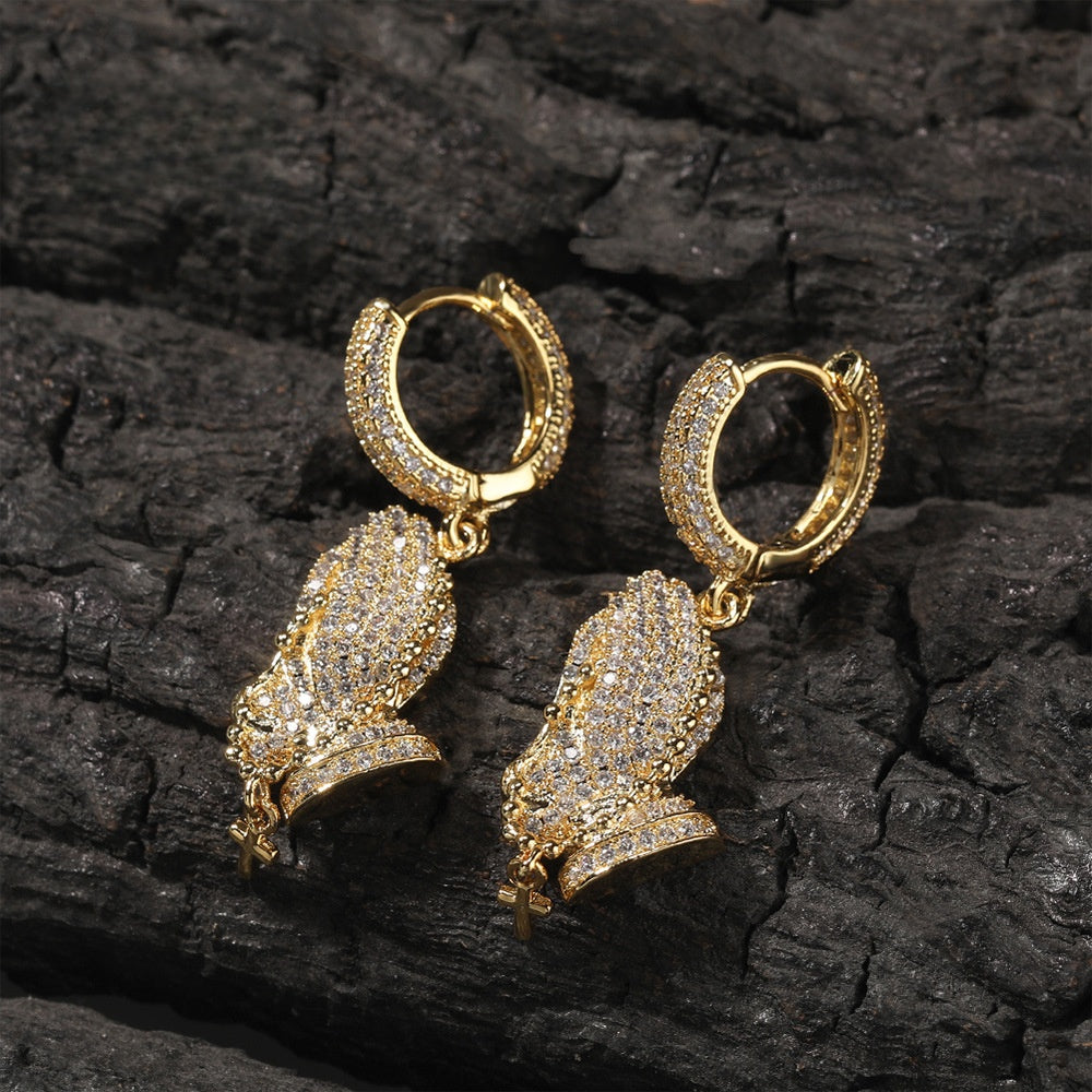 Iced Praying Hands Hoop Earrings for Women and Men – Gold Plated or Silver Plated Hip Hop Statement Earrings