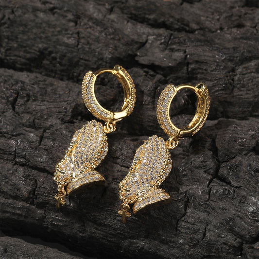 Iced Praying Hands Hoop Earrings for Women and Men – Gold Plated or Silver Plated Hip Hop Statement Earrings